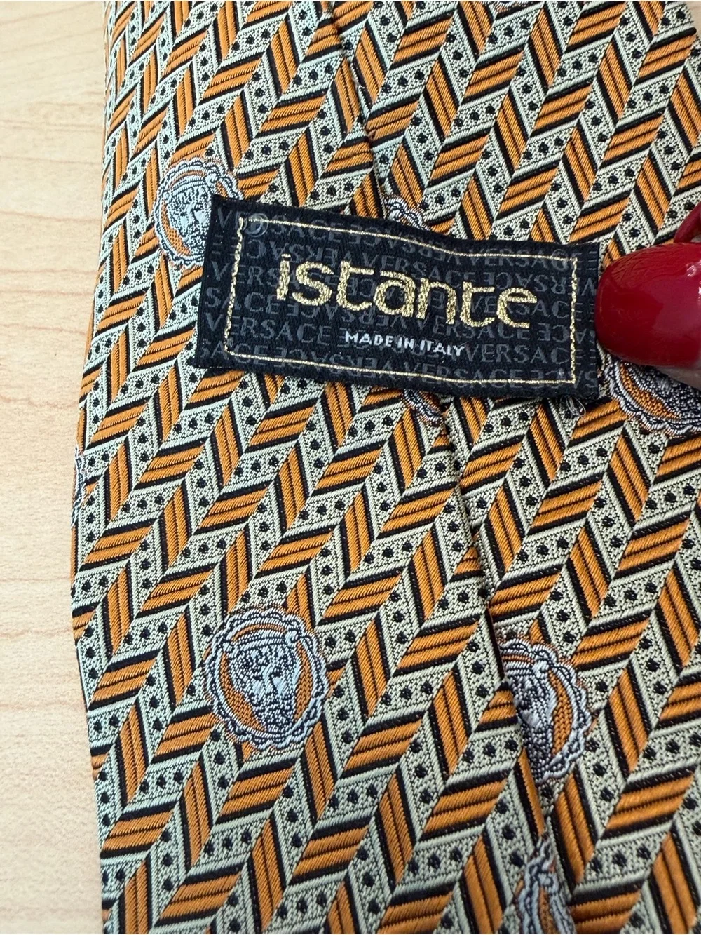 Versace Gold and Gray Medallion Pattern Silk Tie